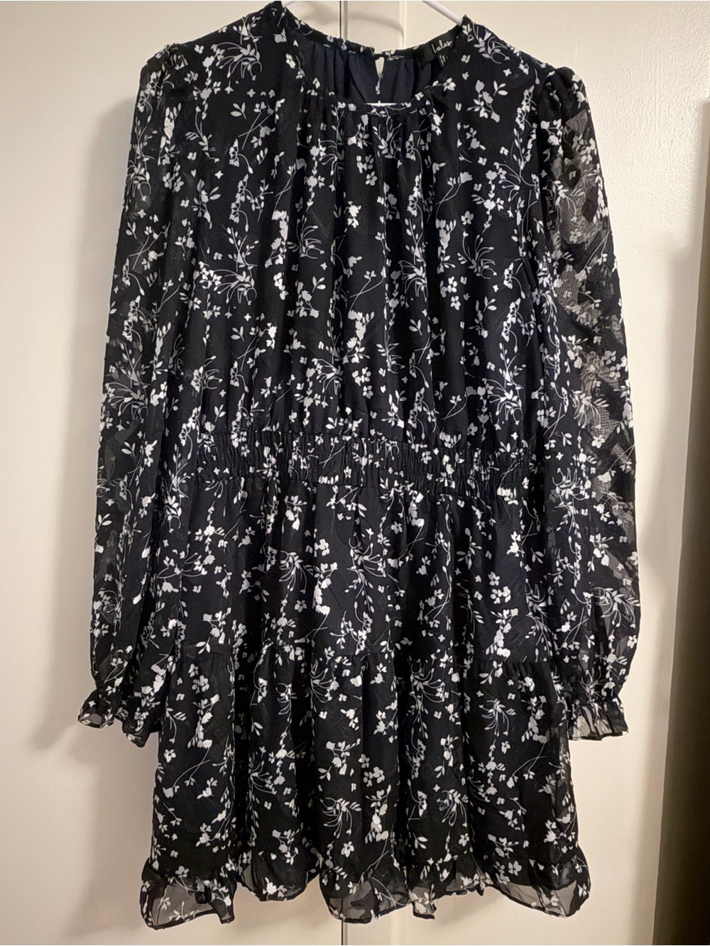 Lulu's Navy and White Floral Long-Sleeve Tiered Dress